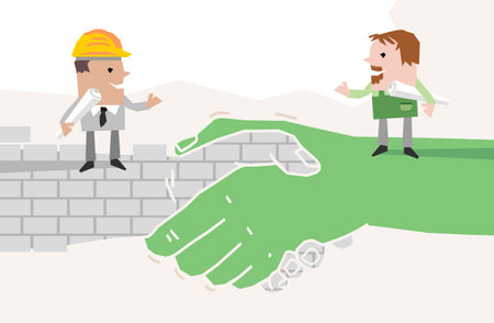 Cartoon Gardener and Foreman standing on a big Handshake- paper-cut styleのイラスト素材