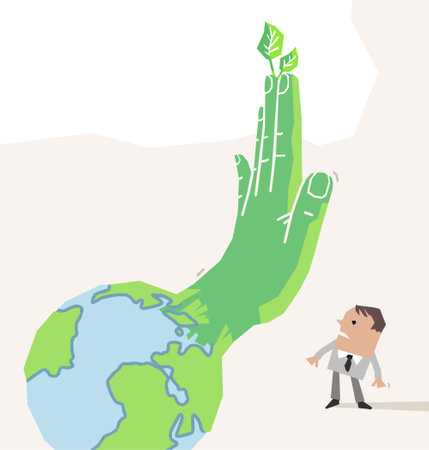 Cartoon businessman and planet Earth, making a Stop sign with big green Hand- paper-cut styleのイラスト素材