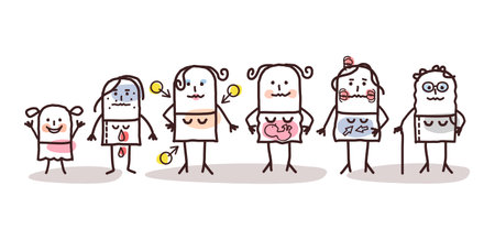 Hand drawn Cartoon Girls and Women, Young to Old, Female Cycleのイラスト素材