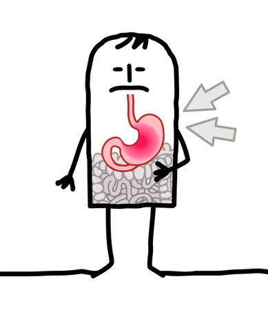 Hand drawn Cartoon Man suffering because of Gastric problemsのイラスト素材