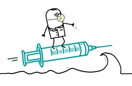 Hand drawn Cartoon Doctor Surfing on the Wave with Syringe and Vaccineのイラスト素材