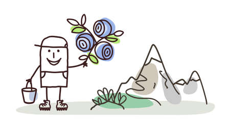 Hand drawn Cartoon Man in the mountains, Picking Blueberriesのイラスト素材