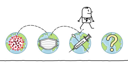 Hand drawn Cartoon Man Jumping from The Earth contaminated by the Virus, to the next stages