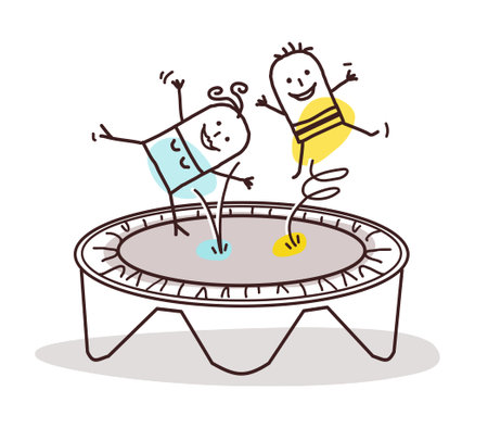 Hand drawn Cartoon Children having Fun on a Trampolineのイラスト素材