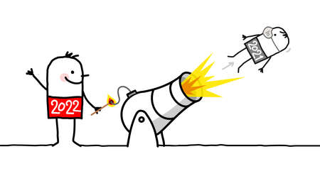 Hand drawn Cartoon 2022 Man with a Cannon and Fire, and a small ejected 2021 guy with maskのイラスト素材