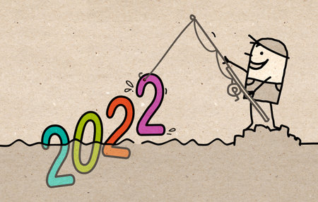 Cartoon Man Fishing a big colored 2022 sign - brown paper texture