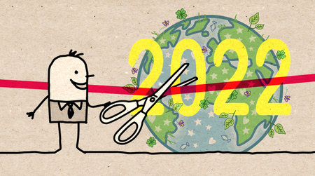 Cartoon Man Inaugurating a New 2022 Organic Planet - brown paper texture