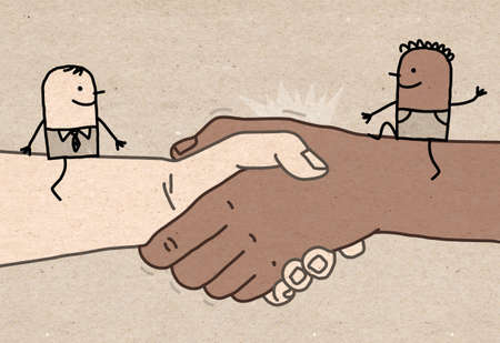 Hand drawn Cartoon Black and White men Meeting on a big Handshakeの写真素材