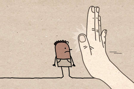 Hand drawn Big Hand with Cartoon Character - Stop Sign Facing a Black Manの写真素材