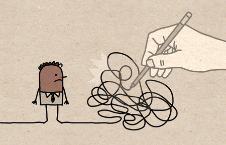 Hand drawn Big Drawing Hand with Cartoon Black Man - Tangled Path