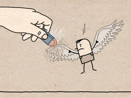 Hand drawn big Hand, Erasing the Wings of a Cartoon Manの写真素材