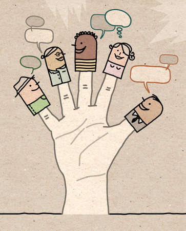 Hand drawn Big hand with cartoon characters - Mixed ethnicity social networkの写真素材