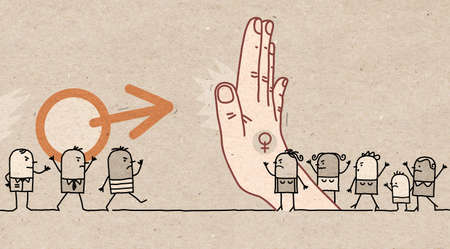 Hand drawn Cartoon Protesting Feminist Women, Stopping Aggressive Menの写真素材