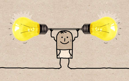 Hand drawn Strong and Sporty Cartoon Man with big Yellow light Bulbs - Collageの写真素材