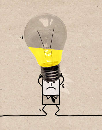 Hand drawn Cartoon Tired Businessman Carrying a Heavy Big Gray light Bulbの写真素材