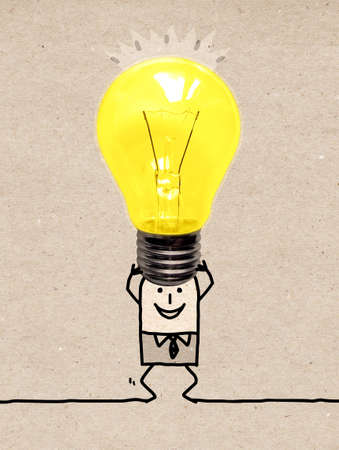 Hand drawn Cartoon Strong Businessman Carrying a Big Yellow light Bulbの写真素材