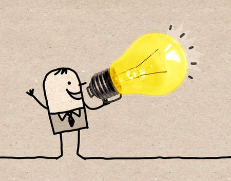 Hand drawn Cartoon man Using a Big light Bulb as a Loudhailerの写真素材