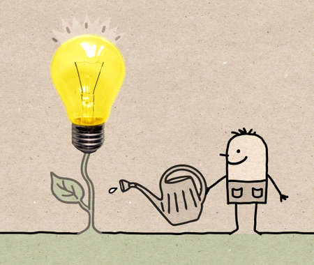 Hand drawn Cartoon gardener Watering a Fresh new Light Bulbの写真素材