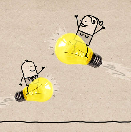 Hand Drawn Cartoon Man and Woman Riding on Light Bulbs Rocketsの写真素材