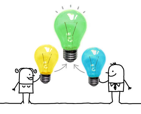 Hand drawn Cartoon Couple creating a new Idea with light bulbsの写真素材