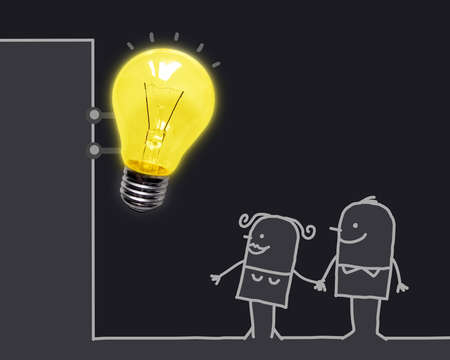 Hand drawn cartoon couple at Night with a big Light bulbの写真素材