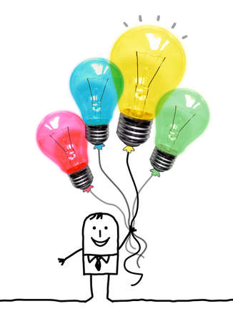Hand drawn cartoon man with big colorful Balloons- light bulbsの写真素材