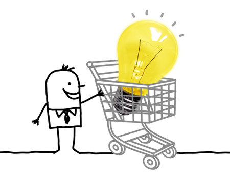 Hand drawn cartoon Businessman with a Shopping Cart and big Light Bulbの写真素材