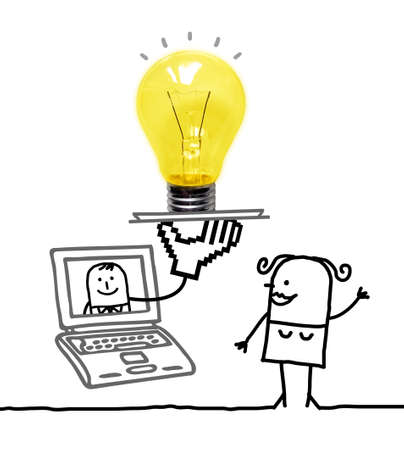 Hand drawn cartoon woman with Laptop and big Light bulbの写真素材