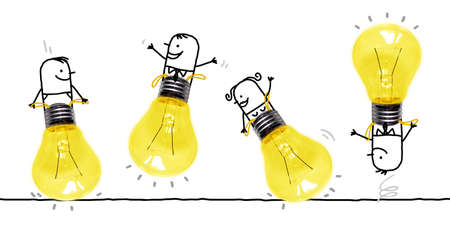 Hand drawn cartoon People playing and bumping wit big Light bulbsの写真素材