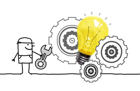 Hand drawn cartoon worker with Gears and Light bulbの写真素材