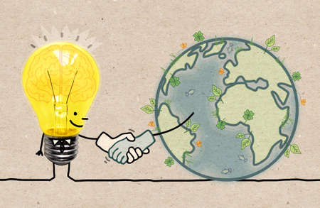 Hand drawn Cartoon light bulb Shaking Hand with the Earthの写真素材