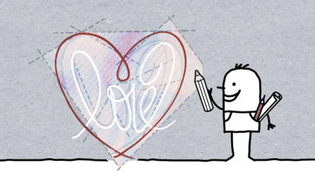 Hand drawn Cartoon Designer Drawing a big Graphic Heartの写真素材