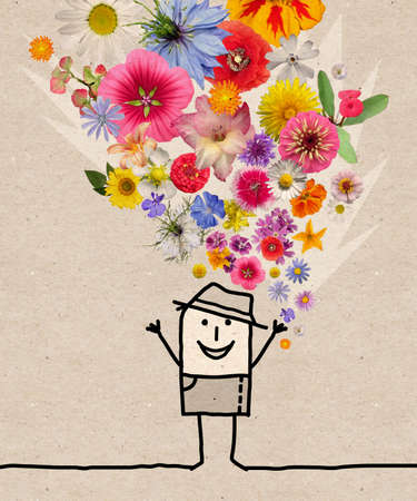 Hand drawn Cartoon Man Throwing Up a Colorful Flowers Setの写真素材