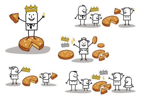 Set of five illustrations - Hand drawn cartoon stick characters celebrating the Three Kings day with Epiphany cakes, crowns and beans -のイラスト素材