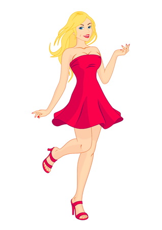 Fashionable blonde girl in a red stylish dressのイラスト素材
