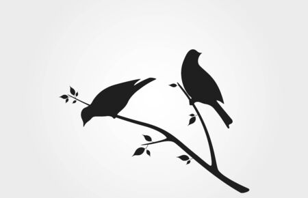 birds on branch with leaves black silhouette. spring nature design element. isolated vector wildlife imageのイラスト素材