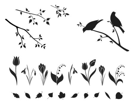 spring nature design element set. crocus, snowdrop, tulip and lily of the valley flowers. tree leaves and birds on branch. isolated vector silhouette imagesのイラスト素材