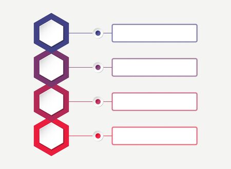 colourful infographic template with four hexagons, with points and text place. process chart vector imageのイラスト素材
