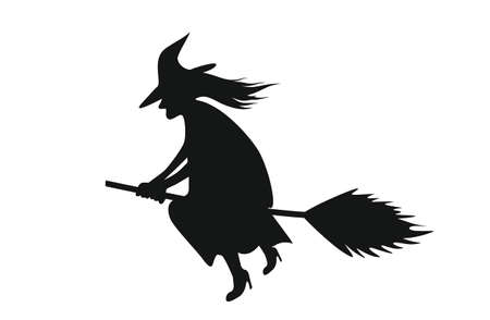 halloween witch flies on a broom. isolated vector image for web designのイラスト素材