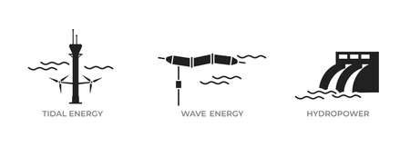 water energy icon set. tidal, wave and hydroelectric power plant. environment, sustainable and renewable energy symbol. isolated vector imageのイラスト素材