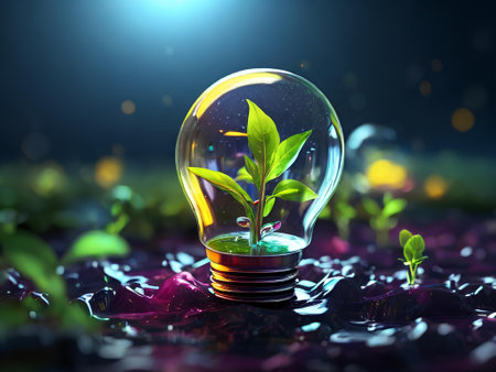 Glowing light bulb with sprout growing inside. 3D renderingの素材