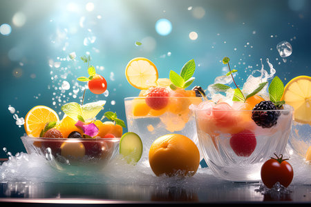 Fruit cocktail with ice and splashes on a dark background.の素材