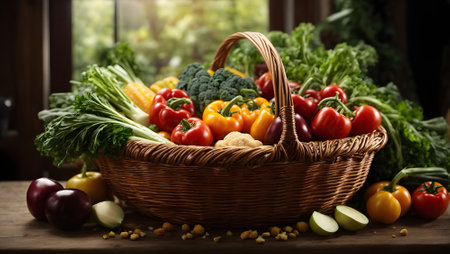 Basket of fresh vegetables on wooden table in front of window.の素材