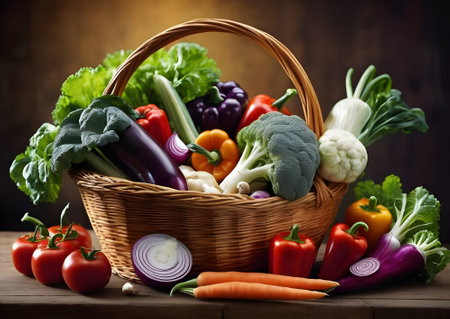 Fresh vegetables in a basket on wooden background. Selective focus.の素材
