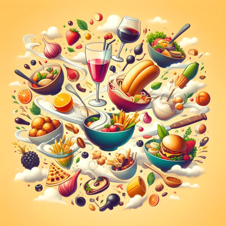 Vector illustration of food and drink icons in cartoon style on yellow backgroundの素材