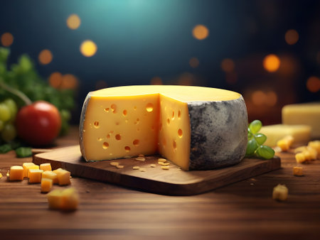 Cheese composition on wooden table with bokeh lights background.の素材