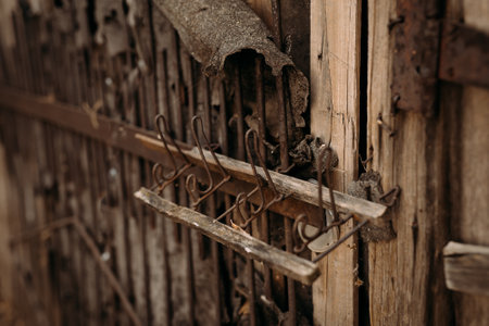 Old vintage retro style clothes hanger or hooks hanging on a wooden wall in an old country house.の写真素材