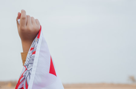 A child's hand holds the flag of Poland. Close-up. Concept of national holidays and patriotic events. Patriotism. Independence Day. Blurry background and copy space for your advertising text message.の写真素材