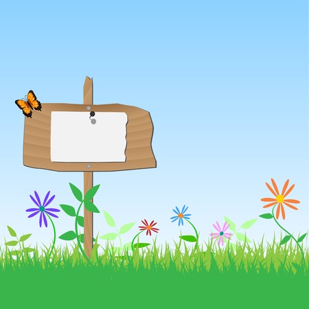 Image of a blank wooden sign with flowers, grass and sky.のイラスト素材