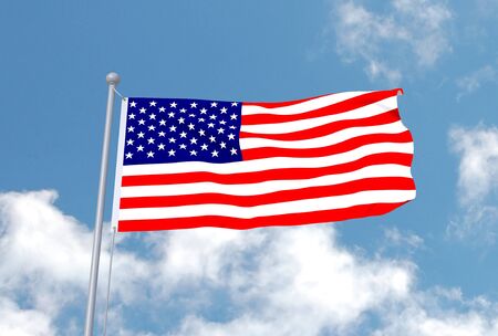 Image of the United States of America flag with a sky background.